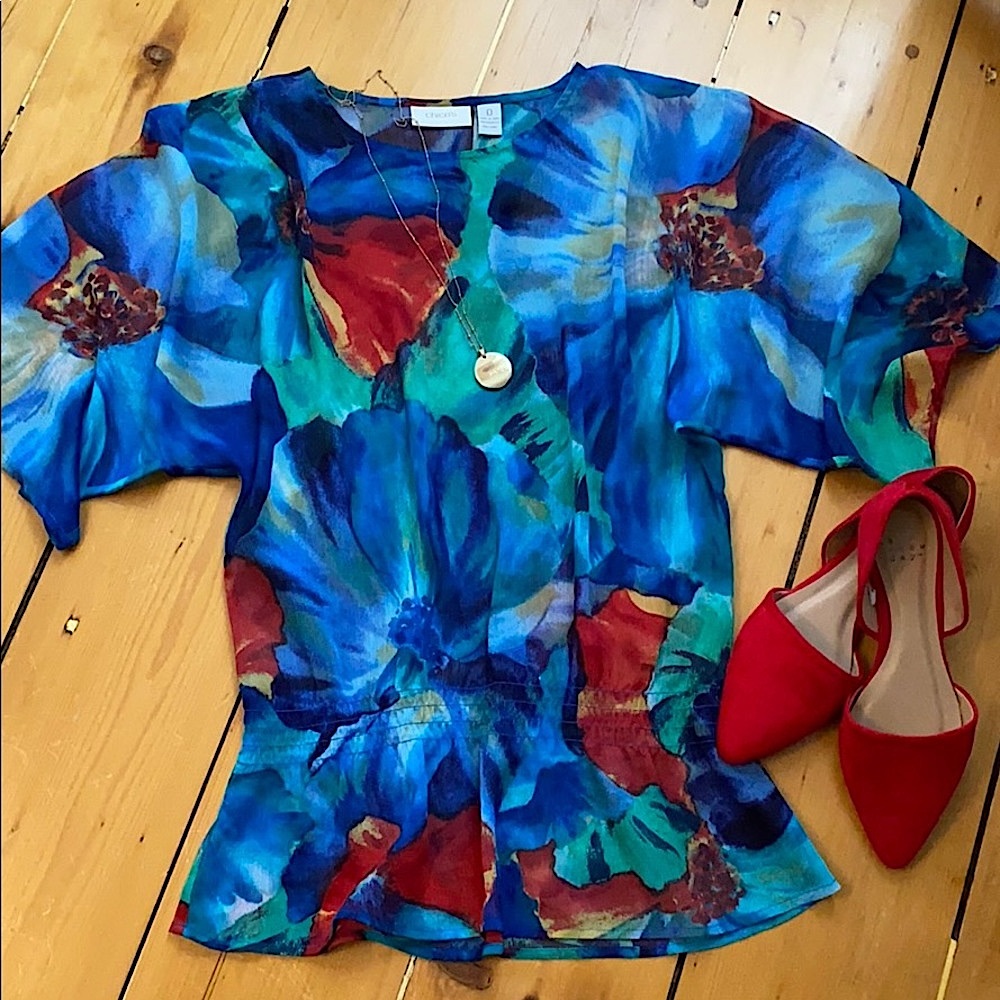 Chico’s sheer floral peplum top, bateau neck